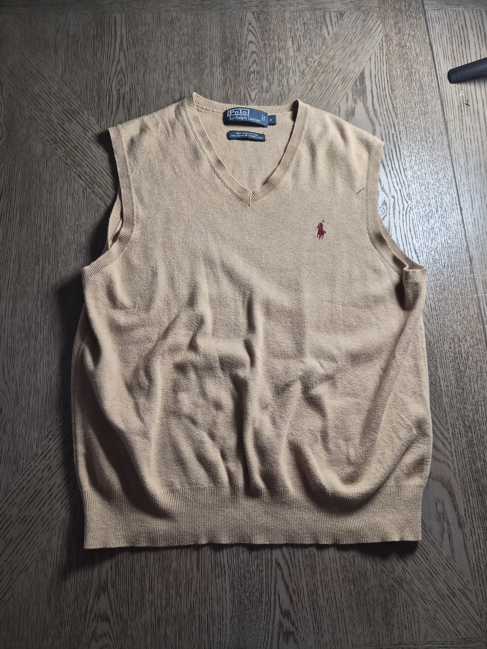 Ralph Lauren Men's V-Neck Sweater Vest in Tan with Red Pony
